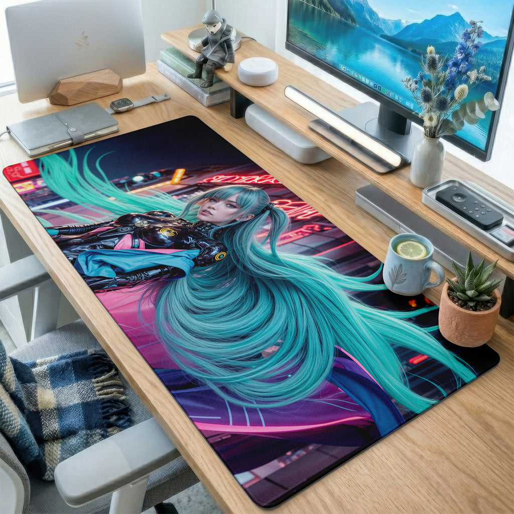 Teal Hair Cyberpunk Girl Desk Mat