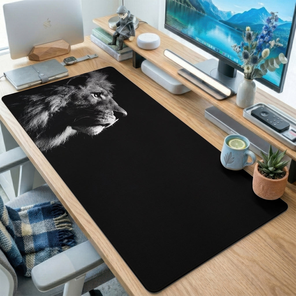 Black White Lion Portrait Desk Mat