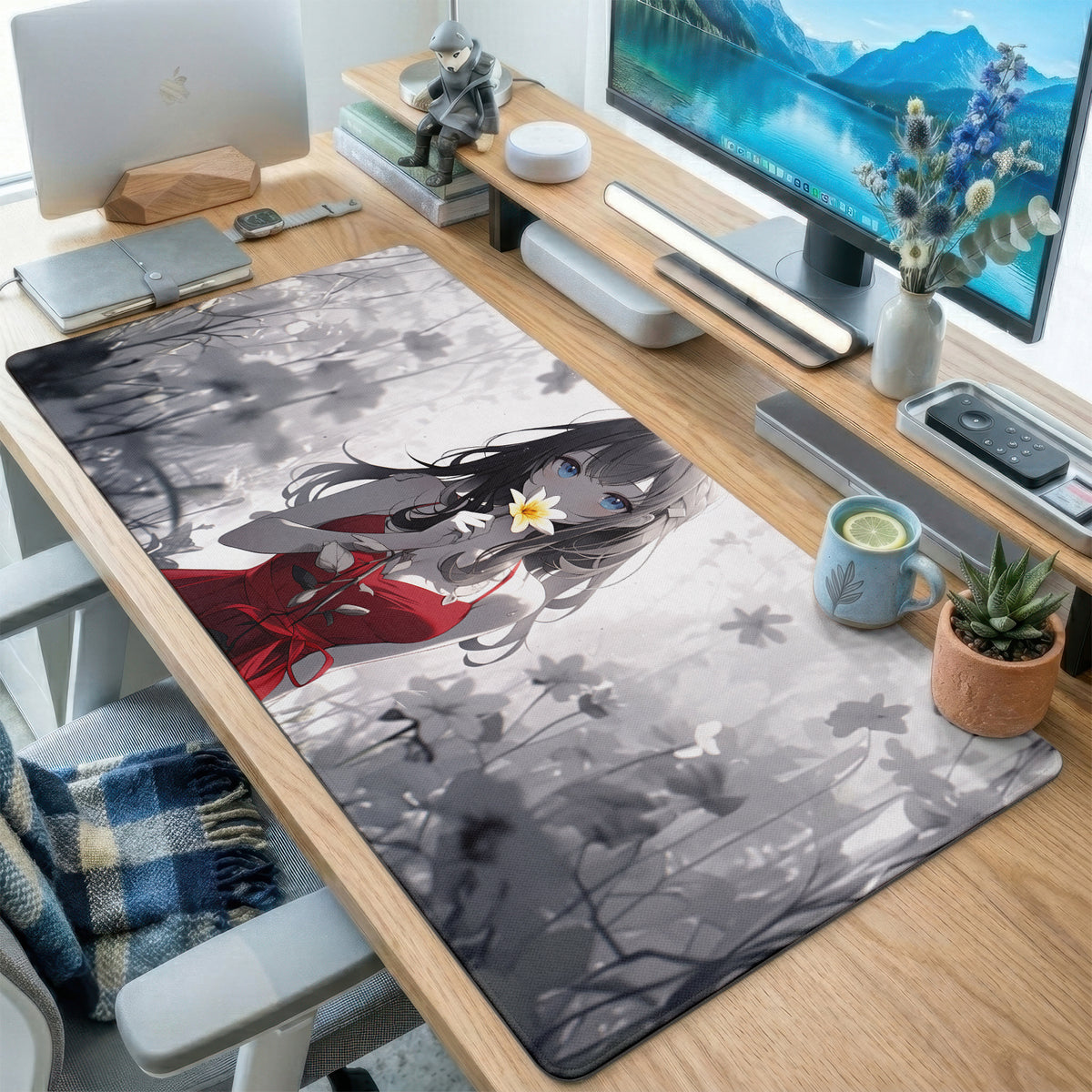Monochrome Floral Anime Girl Desk Mat