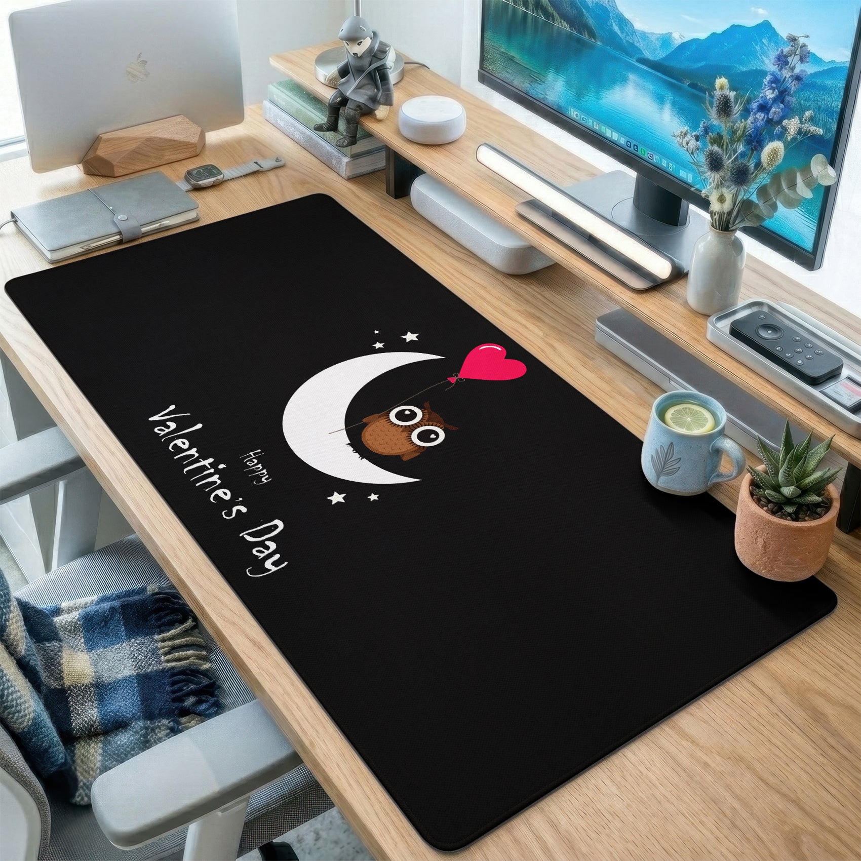 Cute Owl Valentine Moon Desk Mat
