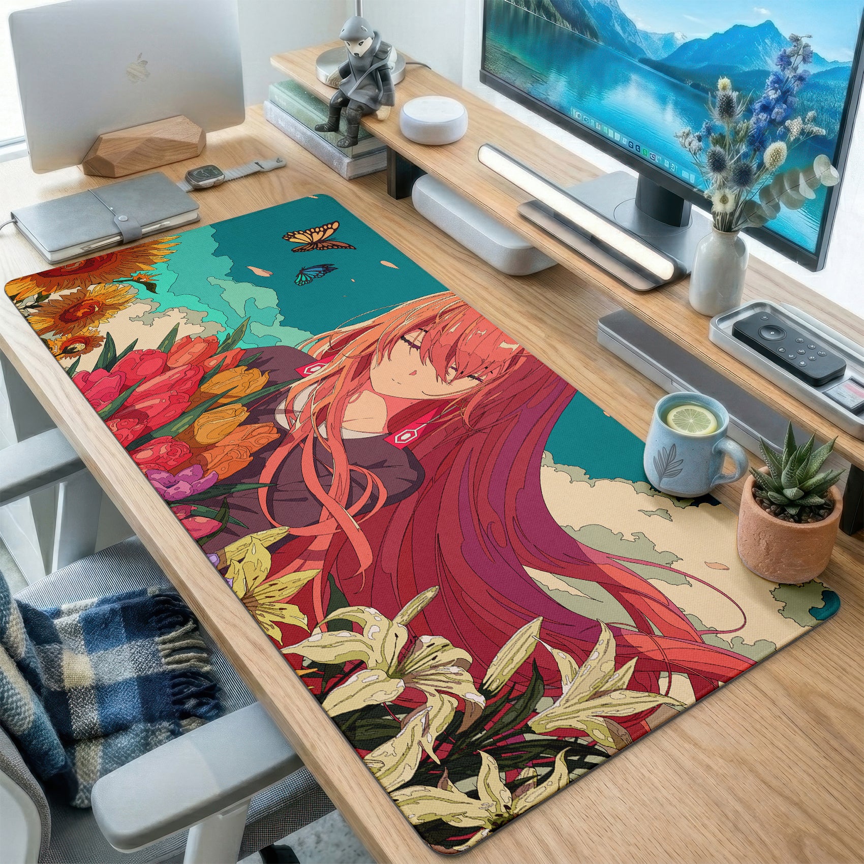 Floral Red Hair Girl Desk Mat