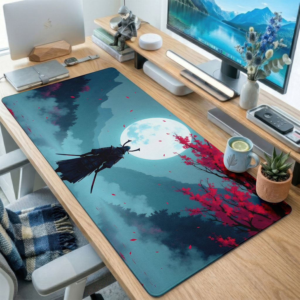 Samurai Moonlit Night Silhouette Desk Mat