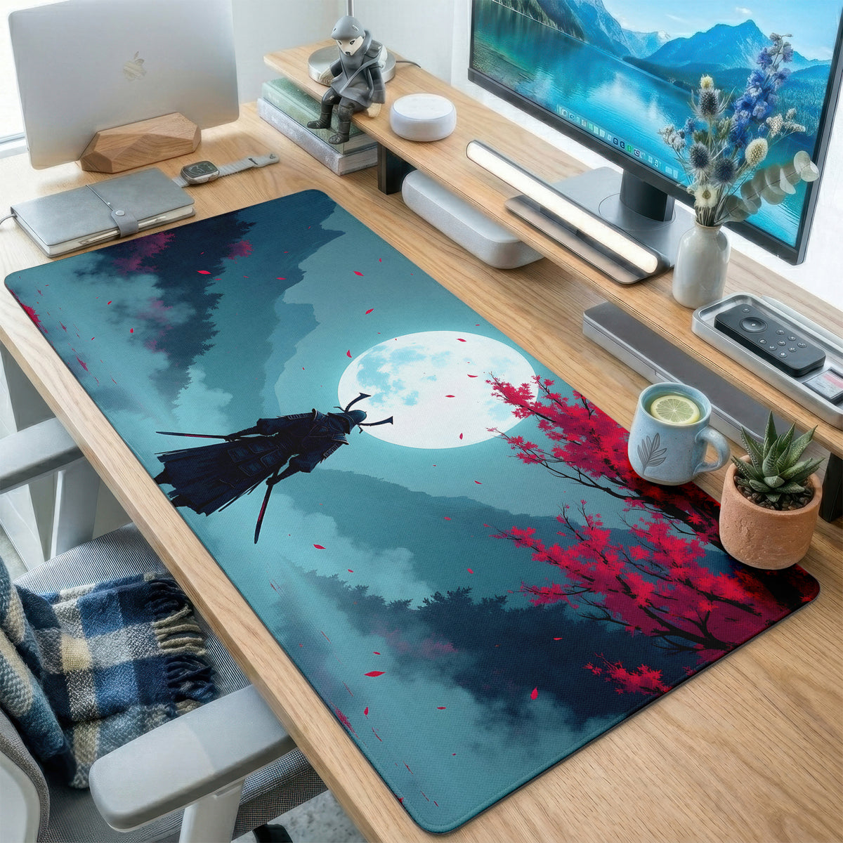 Samurai Moonlit Night Silhouette Desk Mat