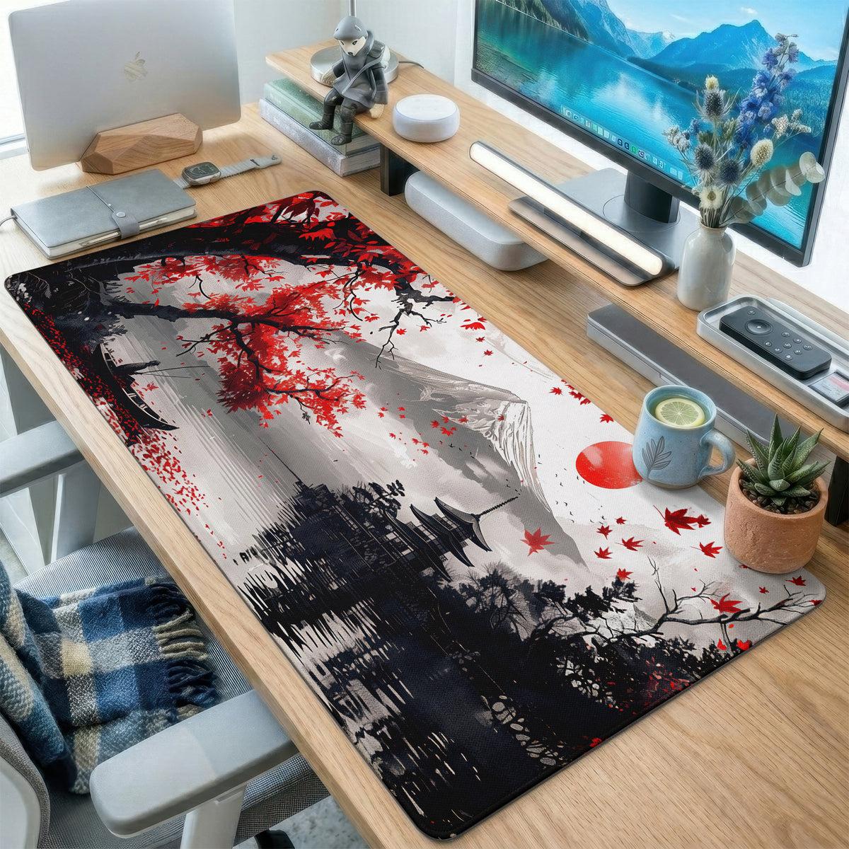 Crimson Autumn Forest Path Desk Mat